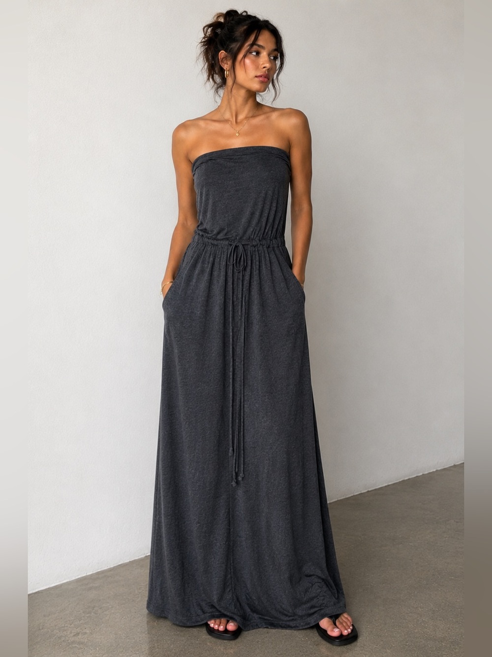 Hive & Honey Charcoal Sleeveless Maxi Dress with Waist Tie
